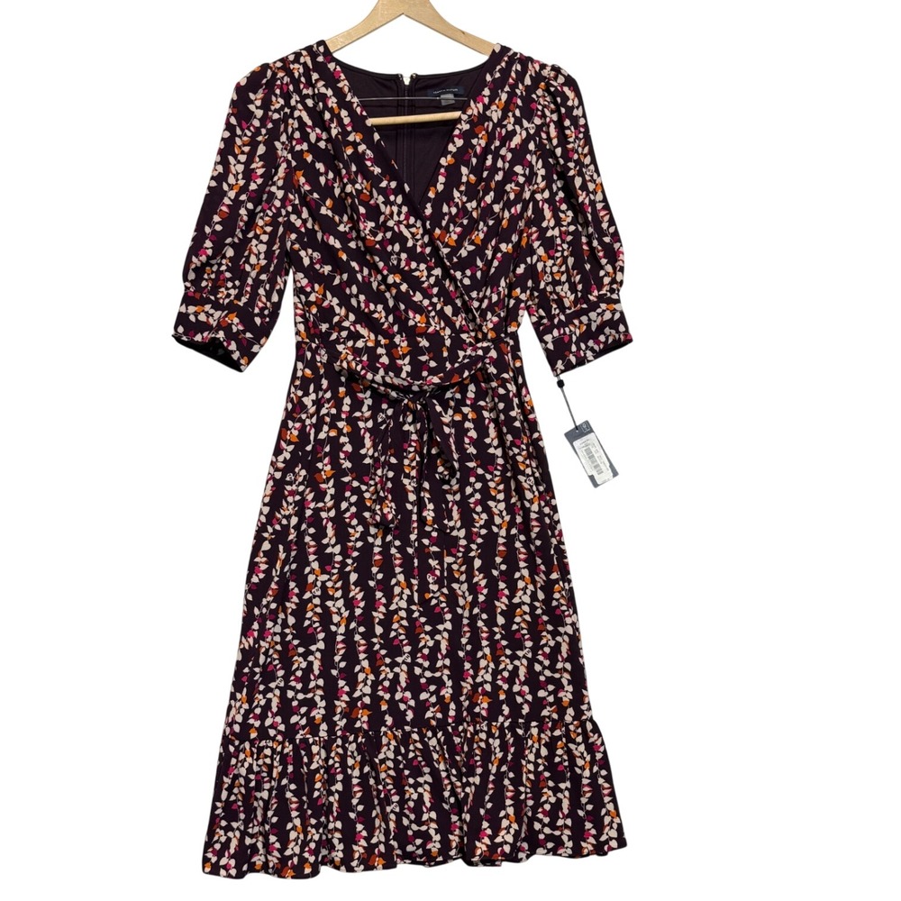 Tommy Hilfiger Faux Wrap Floral Leaf Midi Dress Plum Purple Womens 6 NWT Boho